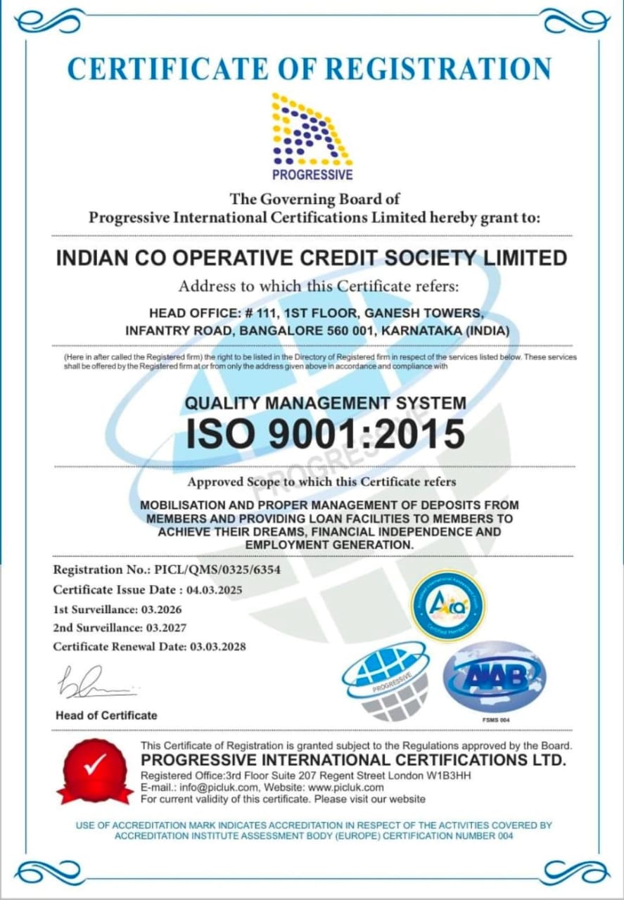Indian Co Operative Credit Society Limited ISO 9001:2015 Certificate of Registration