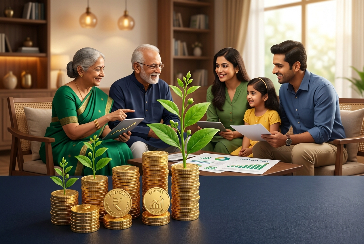 Happy Indian family planning financial growth with coin stacks and emerging green plant illustrations representing security.